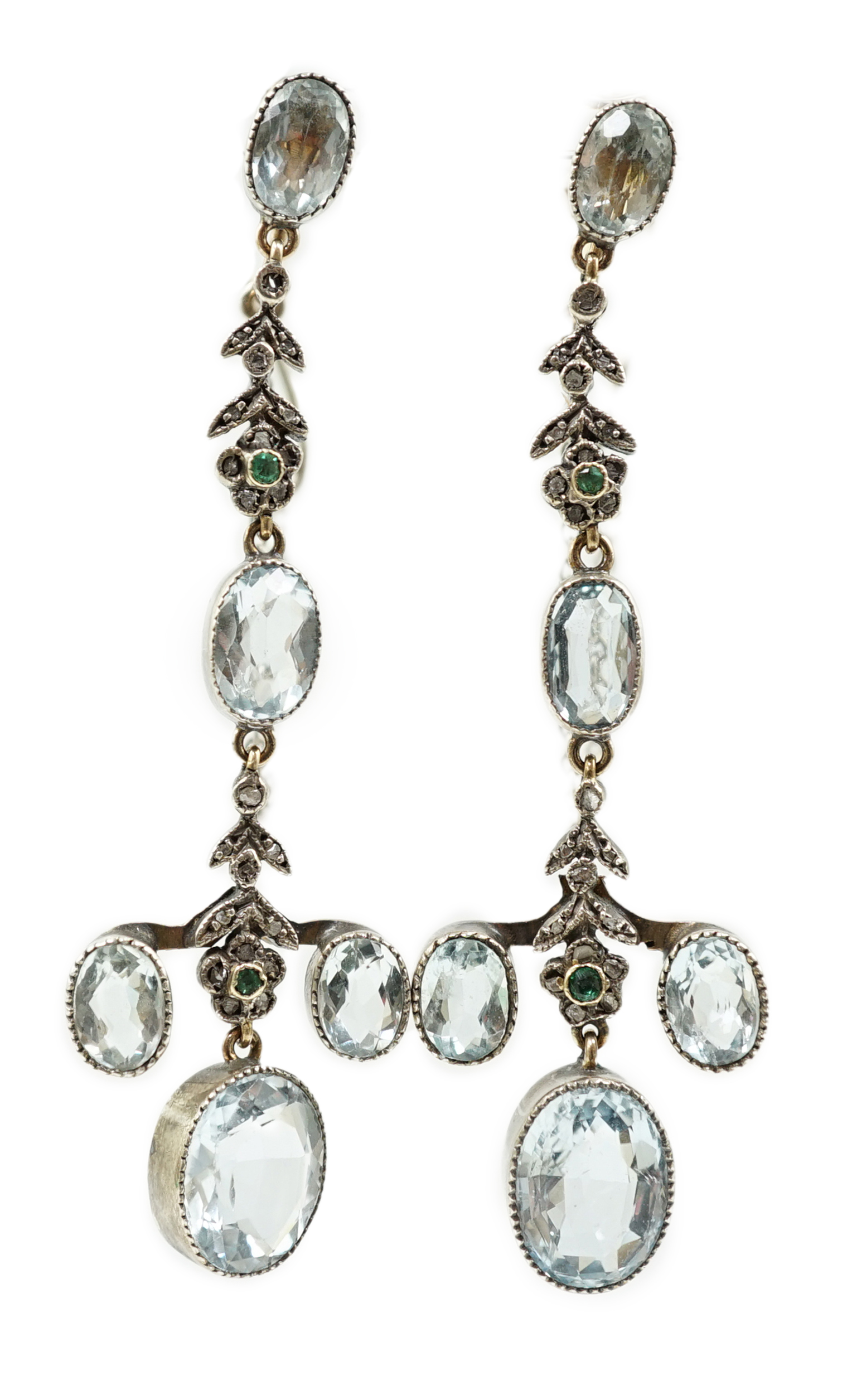 A pair of Belle Epoque gold and silver, aquamarine, rose cut diamond and emerald cluster set drop ear clips